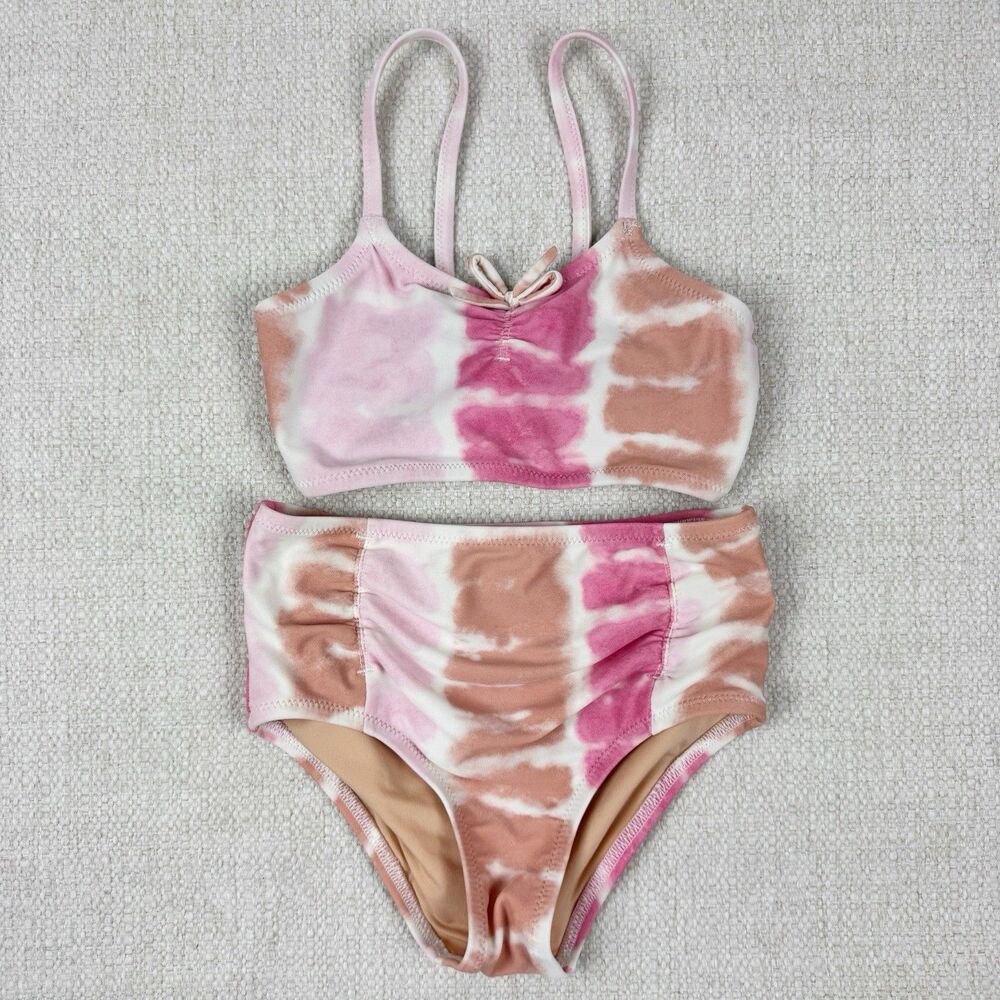 Crewcuts Toddler Girl's Pink Brown Tie Dye Bow Tie 2 Piece Swimsuit Size 3